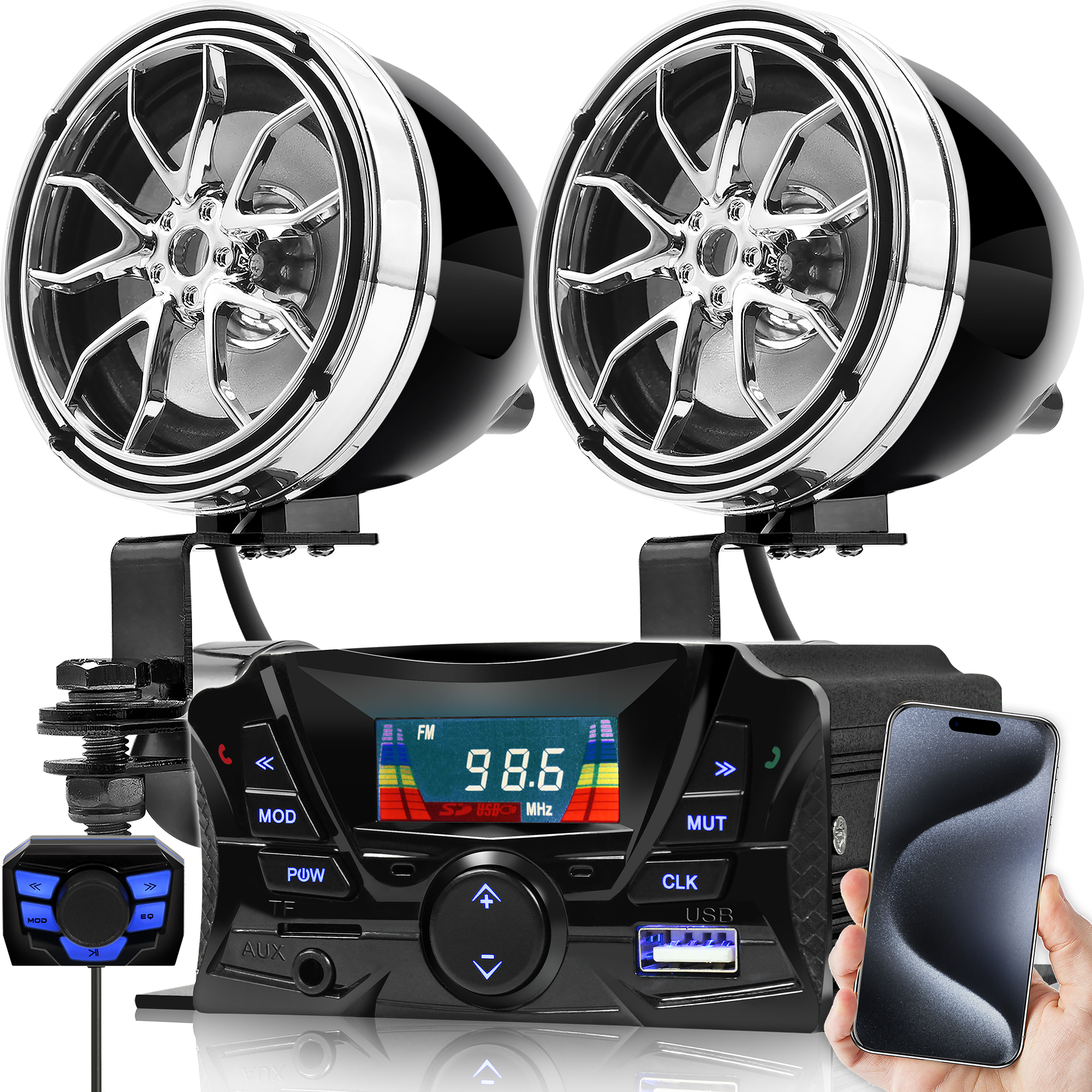 GoHawk TS3 Motorcycle Bluetooth Speakers Handlebar Mount MP3 Music Player Sound Audio Stereo Amplifier System ATV USB Micro SD FM Radio
