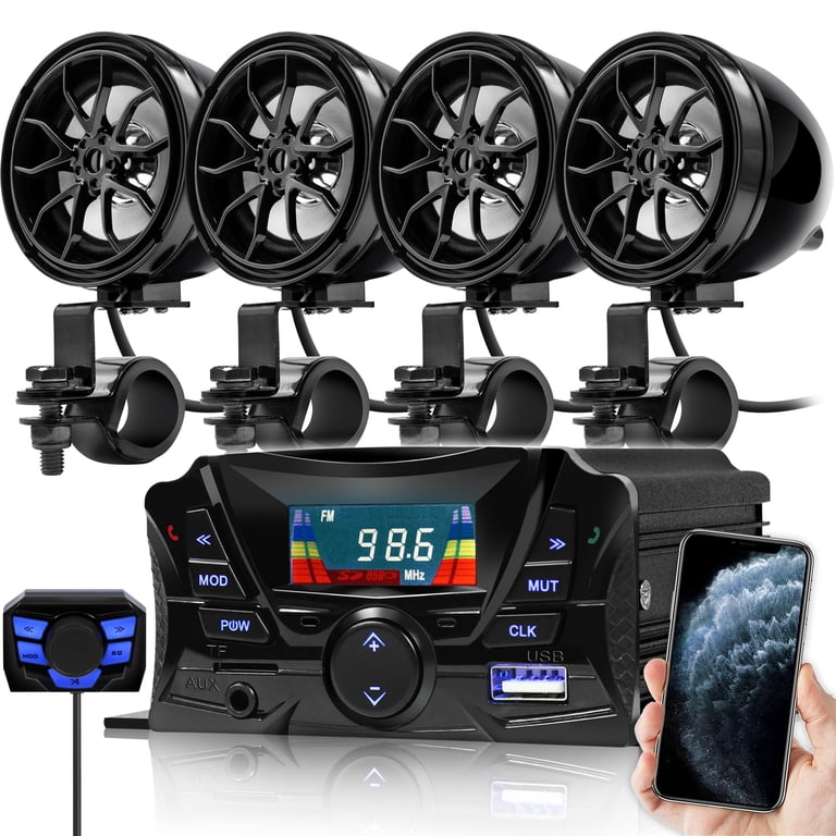 GoHawk Bluetooth Motorcycle Audio System - Handlebar Speakers With AUX, USB, SD & FM Radio