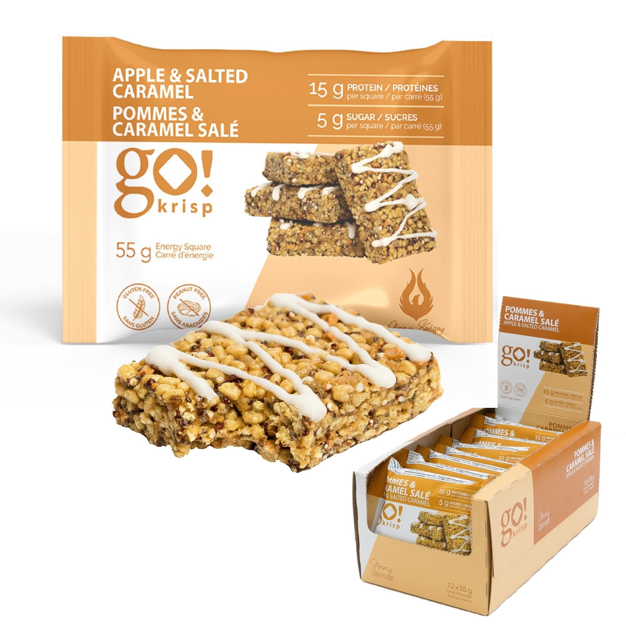 GoKrisp, Energy Square by Jimmy Sevigny, 15 gr Protein Pastry, Tasty Apple & Salted Caramel, High Protein Snacks, Nut & Peanut Free, Gluten Free, (12-Pack)