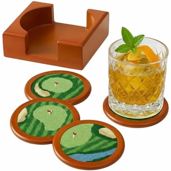 GoLF hAND-sTITCHED nEEDLEPOINT cOASTERS - sET OF 4 - wOODEN hOLDER sOLID wOOD WITH nEEDLEPOINT iNLAY WITH fRENCH cOTTON tHREAD 4" dURABLE dECORATIVE gIFT, dRINK mATS uNIQUE gOLFERS bARWARE gIFTS