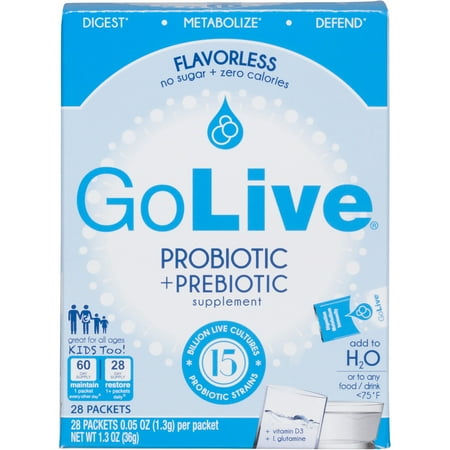 GoLive Prebiotic & Probiotic for Women, Men, Kids. Flavor-Free, Sugar-Free, Synbiotic Powder w/ GOS, L-Glutamine, Vitamin D3, Electrolytes. For Gut Health, Digestion, Metabolism, Immunity 15-50B CFUs