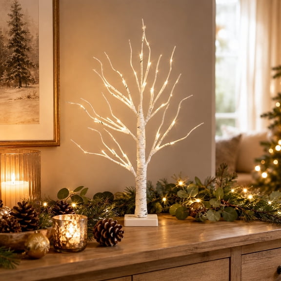 GoLucid 2 Pack 24in Lighted Birch Tree, Warm White LED Tabletop Tree for Christmas Holiday Home Decor Indoor Mantle Centerpiece