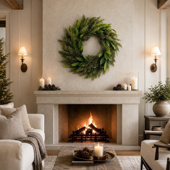 GoLucid 24" Artificial Christmas Greenery Wreath with Laurel Leaves Green Everyday Cypress Cedar Holiday Wreath for Front Door Outside, 1-Pack