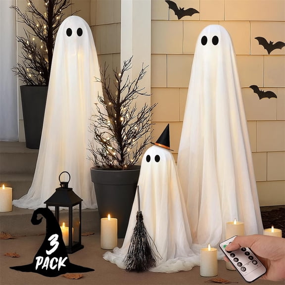 GoLucid 3-Pack Light Up Standing Halloween Ghost Decorations Outdoor, 5.3ft 3.6ft 2.3ft Light-Up Ghost Family Front Porch Yard Prop with Remote