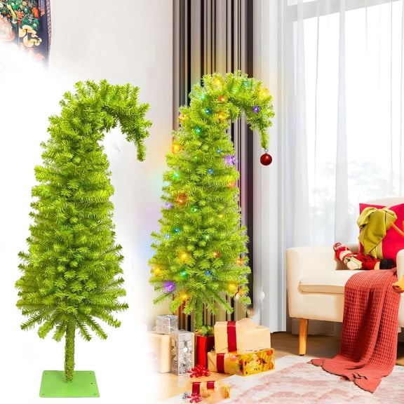 GoLucid 3ft Bent Top Greenery Christmas Tree with Multicolor LED Lights, 90cm High Density Green Curved Leaning Whimsical Xmas Tree for Indoor Holiday Decor