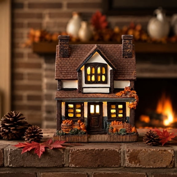 GoLucid Halloween Autumn Harvest Village House Figurine 7.09", LED Light Up Resin Cottage with Pumpkins, Tabletop Seasonal Decor