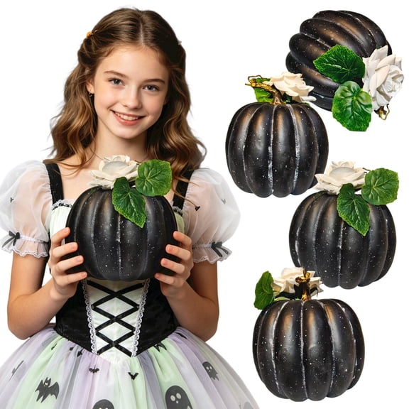 GoLucid Halloween Black Pumpkin Decoration 9.45", Resin Gothic Pumpkin with White Rose & Gold Stem, Indoor Tabletop Shelf Decor