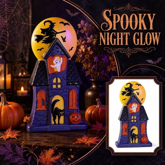 GoLucid Halloween Haunted House Light Up Decoration 11.81", LED Glowing Purple Castle Figurine with Witch Moon, Tabletop Decor