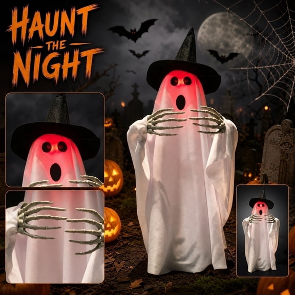 GoLucid Halloween Lighted Witch Hat Ghost Decoration 21.65", Glowing Red Face Ghost with Skeleton Hands, Indoor Tabletop Decor