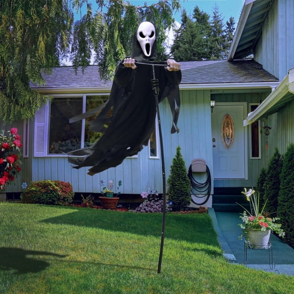 GoLucid Halloween Screaming Ghost Stake Decoration 8.5FT, Large Scary Flying Ghost Yard Prop with Black Robe, Outdoor Lawn Decor