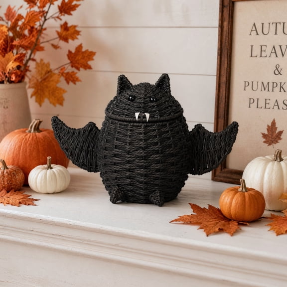 Gomind Halloween Woven Bat Storage Basket 15.75"x10.63", Handcraft Rattan Bat Candy Bowl with Lid, Indoor Tabletop Decor Organizer