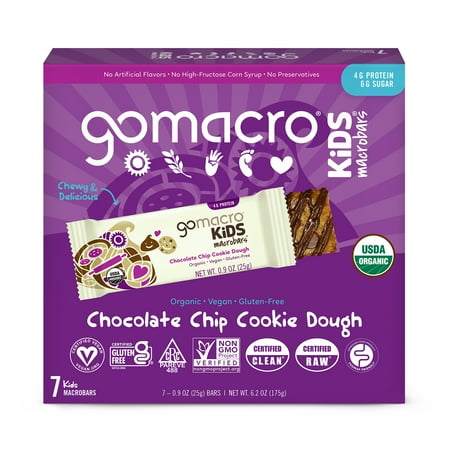 GoMacro Kids MacroBar, Chocolate Chip Cookie Dough, Organic Vegan Snack Bars, 7 ct