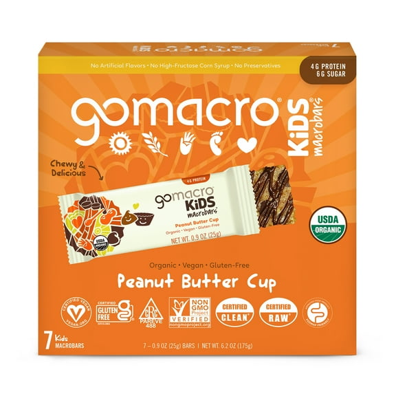 GoMacro Kids MacroBar, Peanut Butter Cup, Organic Vegan Snack Bars, 7 ct