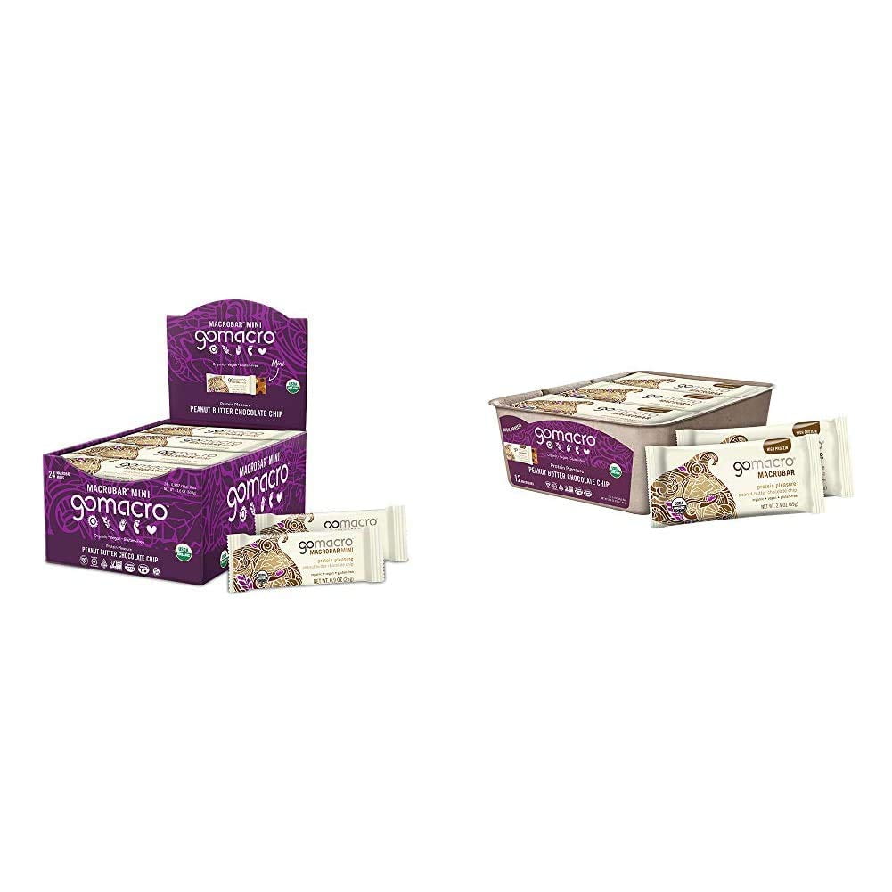 GoMacro MacroBar Mini (0.90 Ounce Bars, 24 Count) and MacroBar (2.4 Ounce Bars, 12 Count) Organic Vegan Snack and Protein Bars Bundle - Peanut Butter Chocolate Chip