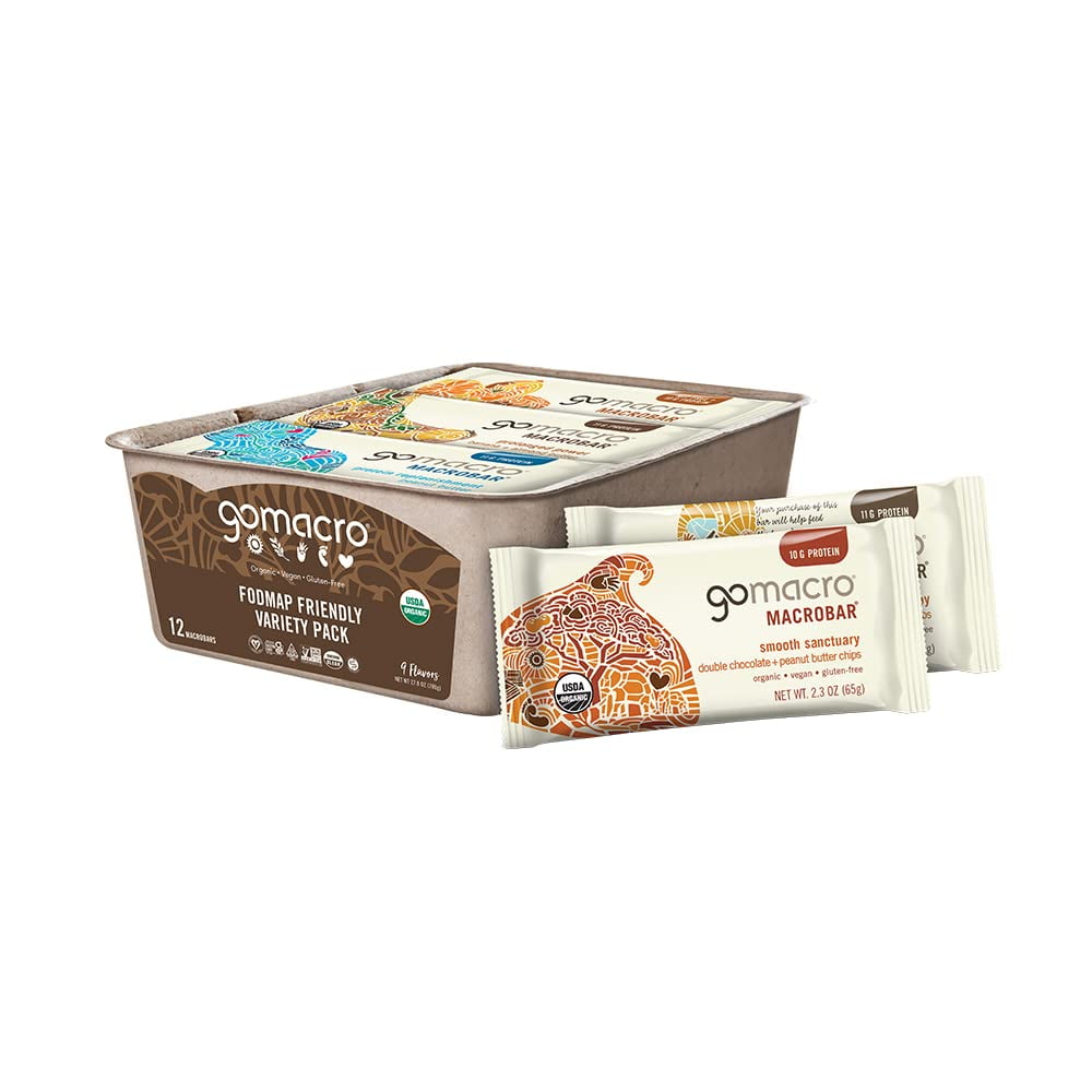 GoMacro MacroBar Organic TWE5Vegan Protein Bars - FODMAP Friendly Variety Pack (2.0-2.3 Ounce Bars, 12 Count)