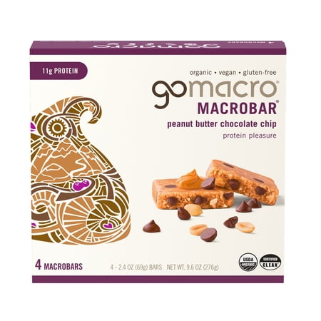 GoMacro MacroBar Organic Vegan Protein Bars - Peanut Butter Chocolate Chip 11 grams (4 Count)