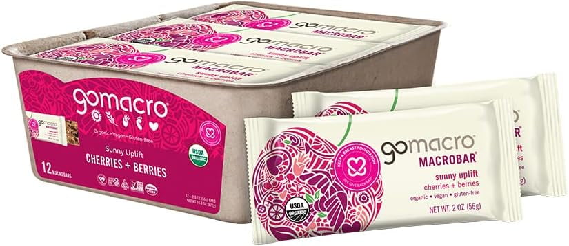 GoMacro MacroBar Organic Vegan Snack Bars - Cherries + Berries (2.0 Ounce Bars, 12 Count)