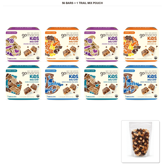 GoMacro Macrobar 4- Assortment, 56 Bars, 0.9 oz Each with 1 Bybies Trail Mix Pouch, 2 oz