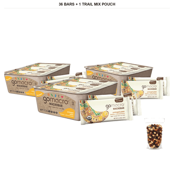 GoMacro Macrobar Banana & Almond Butter Protein Bars, 36 Bars, 1.9 oz Each with 1 Bybies Trail Mix Pouch, 2 oz