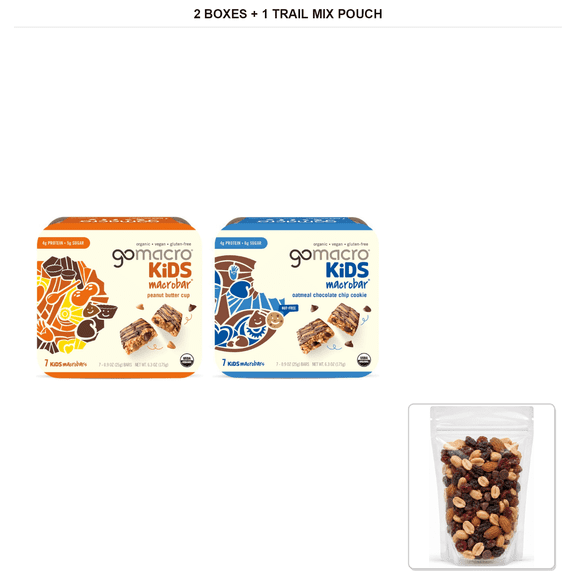 GoMacro Macrobar Bars, Peanut Butter Cup & Oatmeal Chocolate Chip Cookie, 2 Boxes, 0.9 oz Each with 1 Bybies Trail Mix Pouch, 2 oz