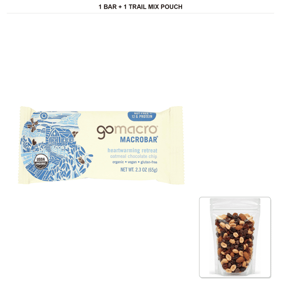 GoMacro Macrobar Oatmeal Chocolate Chip Protein Bar, 2.3 oz with 1 Bybies Trail Mix Pouch, 2 oz