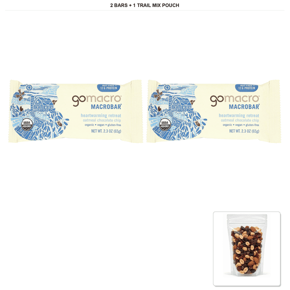 GoMacro Macrobar Oatmeal Chocolate Chip Protein Bars, 2 Bars, 2.3 oz Each with 1 Bybies Trail Mix Pouch, 2 oz