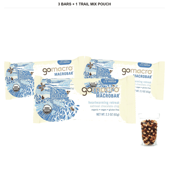 GoMacro Macrobar Oatmeal Chocolate Chip Protein Bars, 3 Bars, 2.3 oz Each with 1 Bybies Trail Mix Pouch, 2 oz