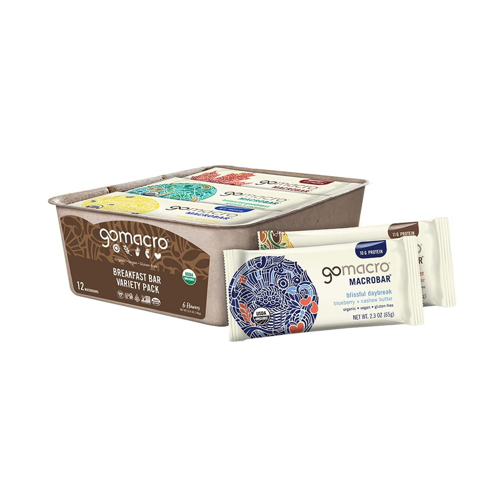 GoMacro Macrobar Organic Vegan Protein Bars, ITL1Breakfast Variety Pack, 12 Count