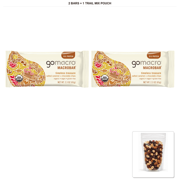GoMacro Macrobar Salted Caramel & Chocolate Chip Protein Bars, 2 Bars, 2.3 oz Each with 1 Bybies Trail Mix Pouch, 2 oz