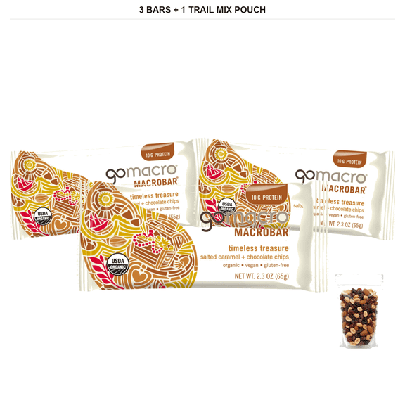 GoMacro Macrobar Salted Caramel & Chocolate Chip Protein Bars, 3 Bars, 2.3 oz Each with 1 Bybies Trail Mix Pouch, 2 oz
