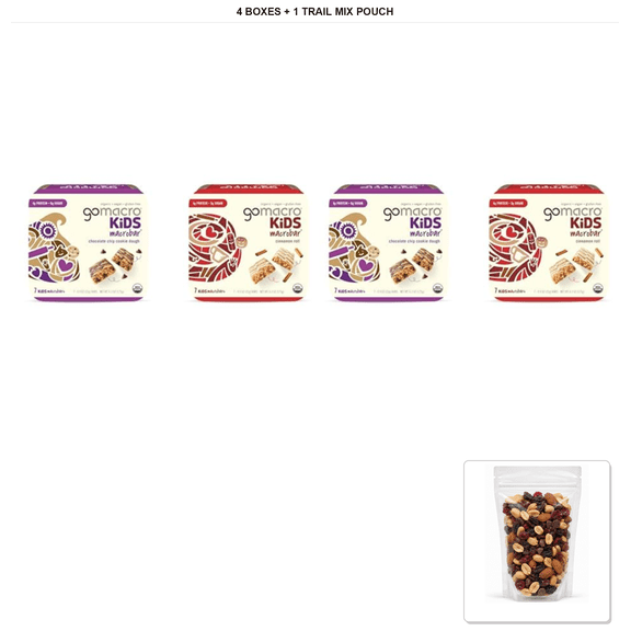 GoMacro Macrobar Snack Bars, Chocolate Chip Cookie Dough & Cinnamon Roll, 4 Boxes, 0.9 oz Each with 1 Bybies Trail Mix Pouch, 2 oz