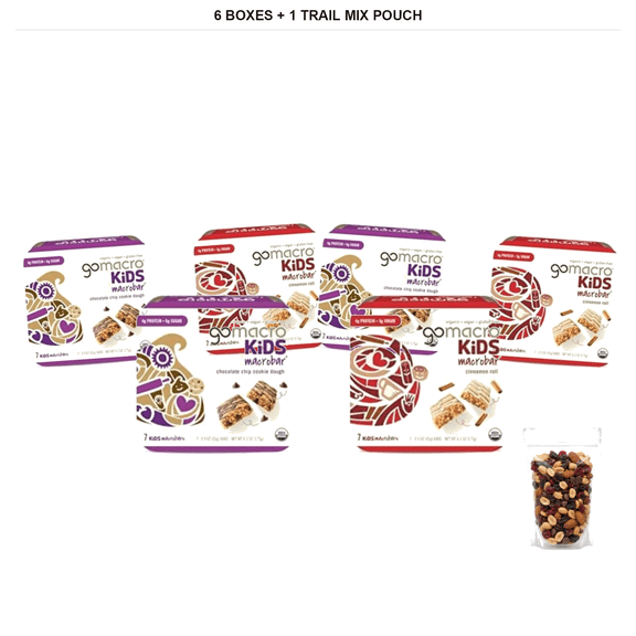 GoMacro Macrobar Snack Bars, Chocolate Chip Cookie Dough & Cinnamon Roll, 6 Boxes, 0.9 oz Each with 1 Bybies Trail Mix Pouch, 2 oz