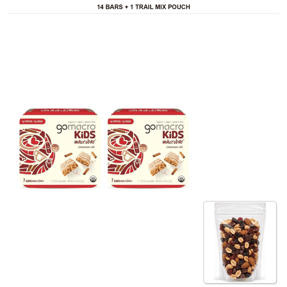 GoMacro Macrobar Snack Bars, Cinnamon Roll, 2 Boxes, 14 Bars Total, 0.9 oz Each with 1 Bybies Trail Mix Pouch, 2 oz