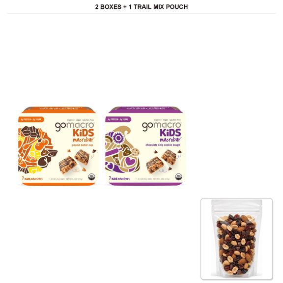 GoMacro Macrobar Snack Bars, Peanut Butter Cup & Chocolate Chip Cookie Dough, 2 Boxes, 0.9 oz Each with 1 Bybies Trail Mix Pouch, 2 oz