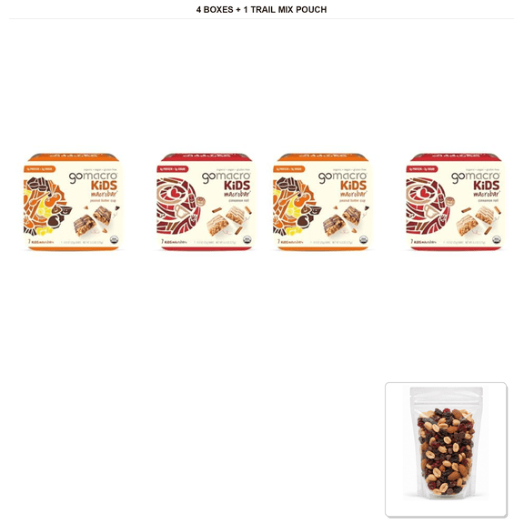 GoMacro Macrobar Snack Bars, Peanut Butter Cup & Cinnamon Roll, 4 Boxes, 0.9 oz Each with 1 Bybies Trail Mix Pouch, 2 oz