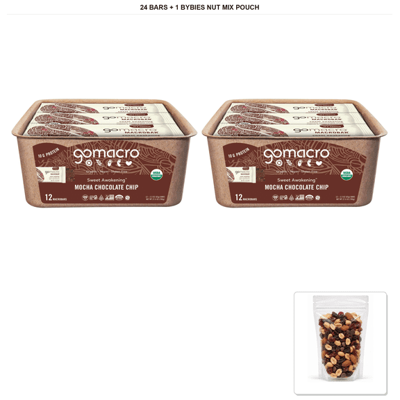 GoMacro Mocha Chocolate Chip MacroBars, 24 Bars x 2.3 oz + 1x Bybies Nut Mix Pouch, 2 oz