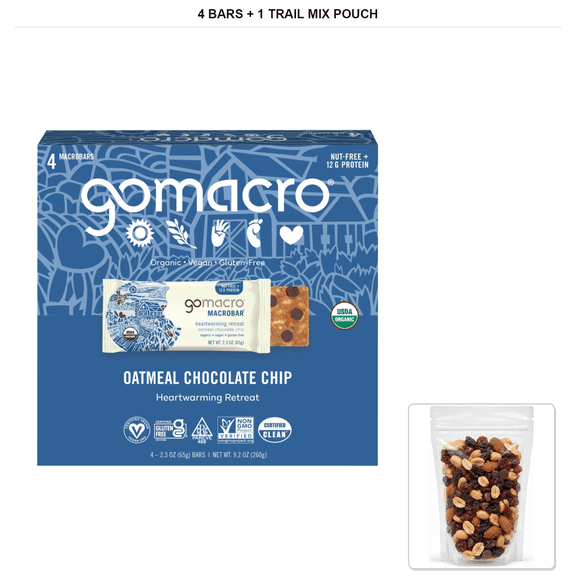 GoMacro Oatmeal Chocolate Chip 4 Bars, 2.3 oz with 1 Bybies Trail Mix Pouch, 2 oz