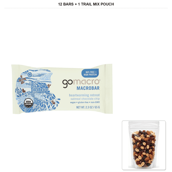 GoMacro Oatmeal Chocolate Chip Macrobar Protein Bars, 12 Bars, 2.3 oz Each with 1 Bybies Trail Mix Pouch, 2 oz