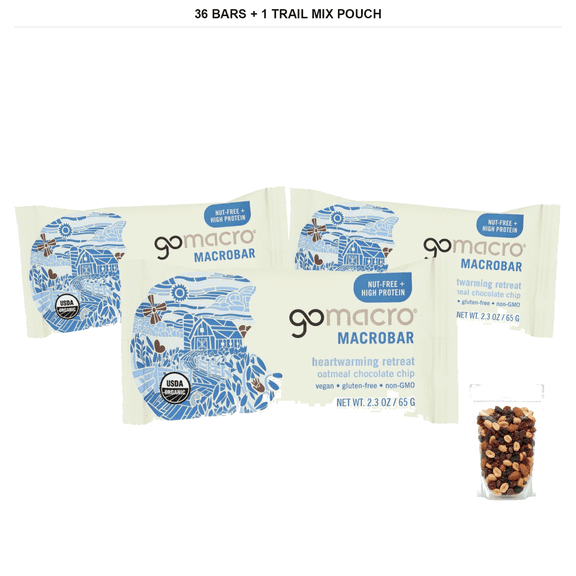 GoMacro Oatmeal Chocolate Chip Macrobar Protein Bars, 36 Bars, 2.3 oz Each with 1 Bybies Trail Mix Pouch, 2 oz