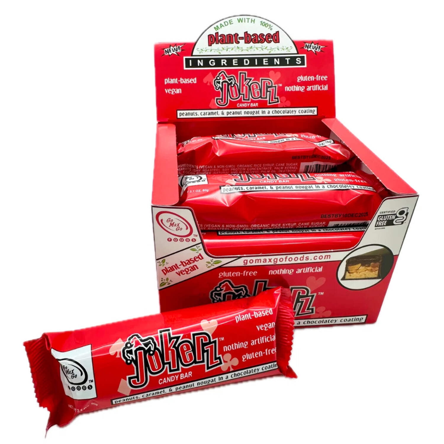 GoMaxGo Jokerz Vegan Candy Bars – 12 Count Box – Dairy-Free Chocolate with Nougat, Caramel & Peanuts