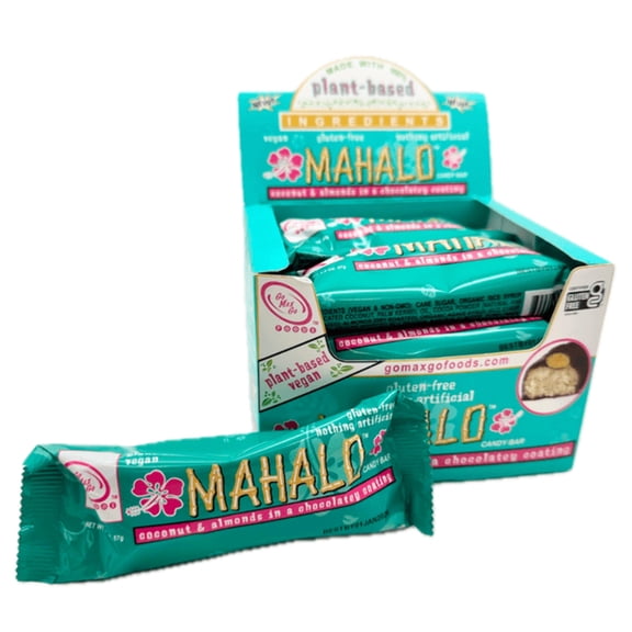 GoMaxGo Mahalo Vegan Candy Bar 12 Count Box Dairy-Free Chocolate with Coconut & Almond