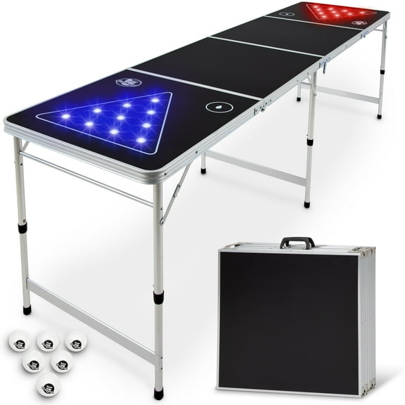 GoPong 8 ft Foldable Beer Pong Table with LED Lights - Regulation Size Portable Pong Table with 6 Balls