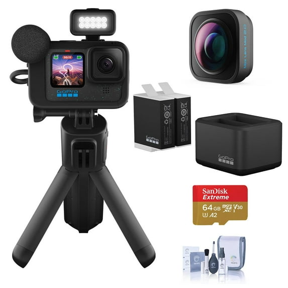 GoPro HERO12 Black Creator Bundle: Maximize Your Action Cam with the Go Pro Max Lens Mod 2.0, 2x Enduro Batteries, Dual Battery Charger, 64GB Storage, and Optics Care Kit for Epic Content Creation