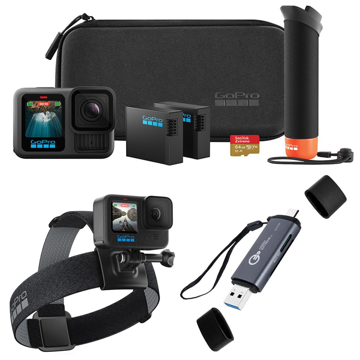 GoPro GoPro HERO13 Black Accessory Bundle - Includes The Handler, 2 Enduro Batteries, 2 Curved Adhesive Mounts, 64GB SanDisk MicroSD Card, and Carrying Case, Head Strap & Card Reader