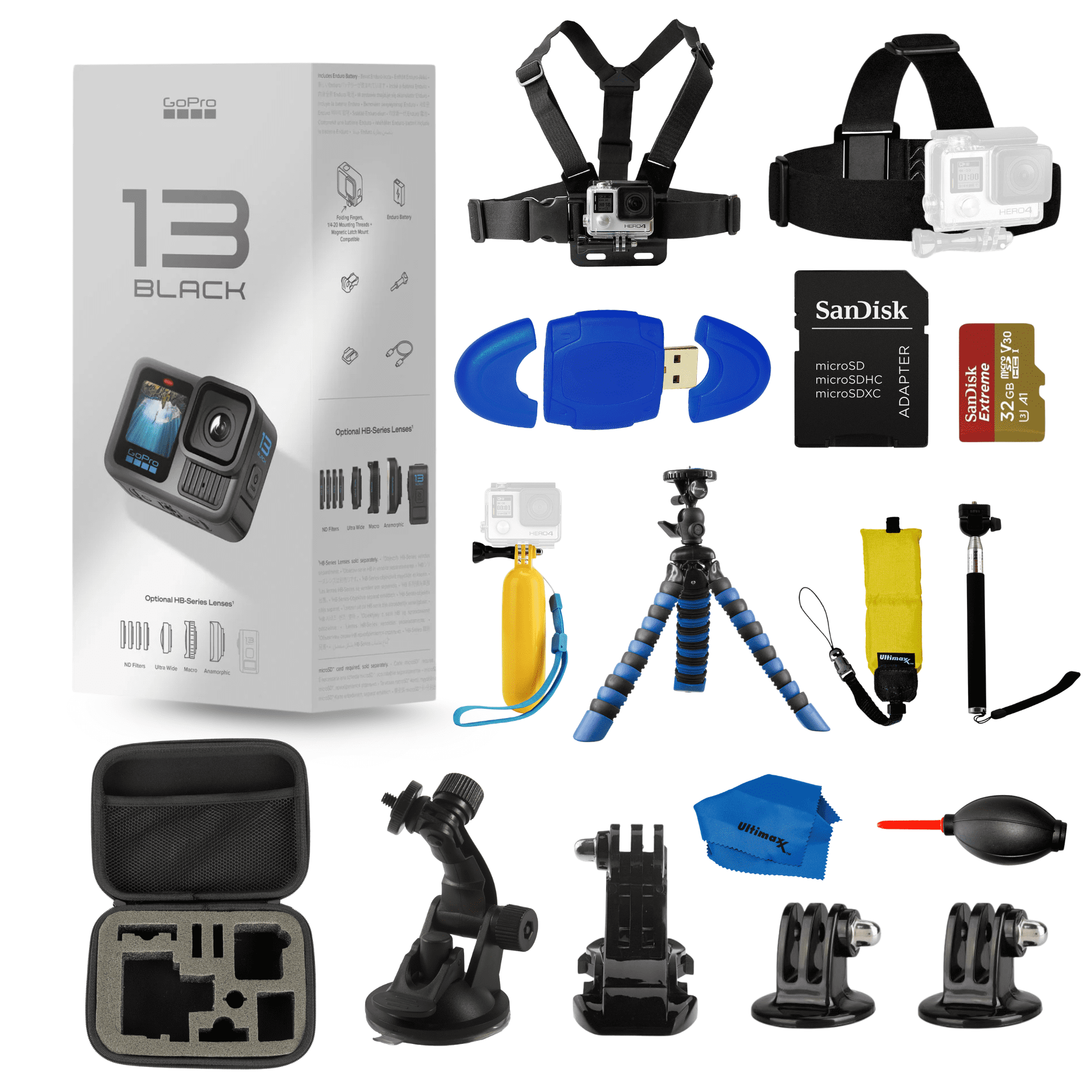 GoPro HERO 13 Black Action Camera, 5.3K HDR 27MP with 15-Piece Accessory Bundle