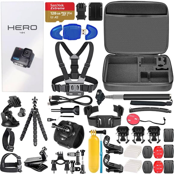 GoPro HERO (Go Pro HERO) Compact Black Waterproof Action Camera with 4K UHD Video, 12MP Photo Mode, Stabilization + 50 Piece Accessory Kit + 128GB Card + More