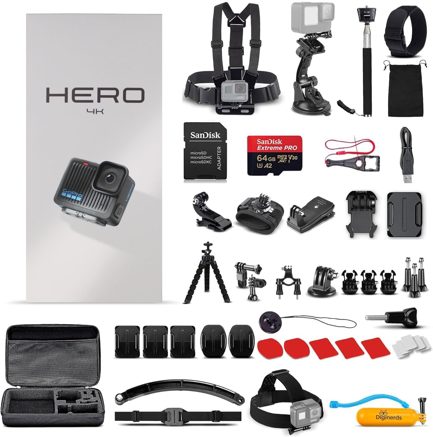 GoPro HERO (Go Pro HERO) Compact Black Waterproof Action Camera with 4K UHD Video, 12MP Photo Mode, Stabilization + DiGiNerds 50-in-1 Accessory Kit + 64GB Card + More