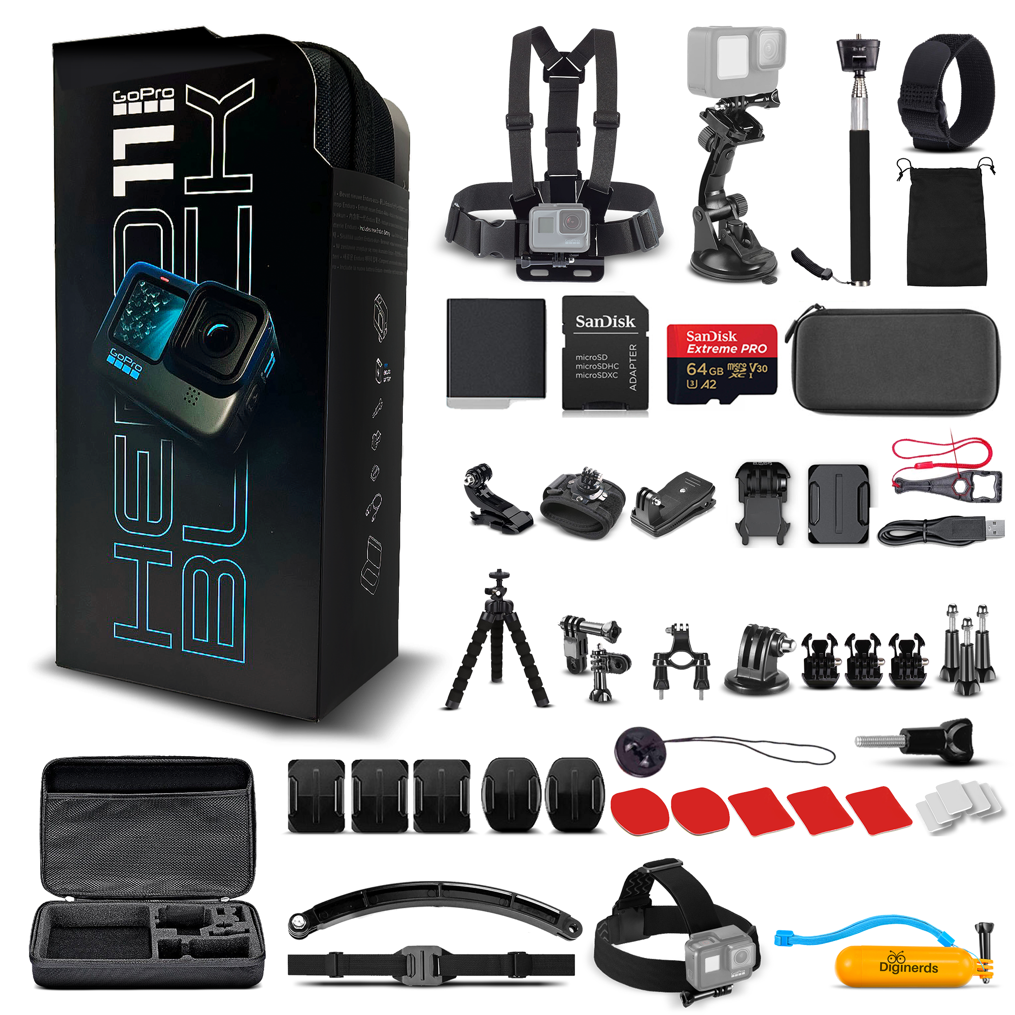 GoPro HERO11 Black (New) - 27MP Waterproof Camera with 5.3K Video + 64GB Card and DigiNerds 50-piece Action Kit - image 1 of 9