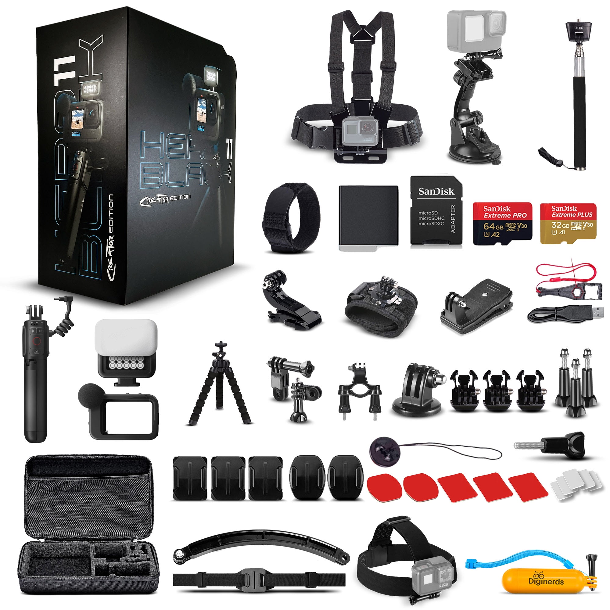 2 Action Edition Remote), 50 Mod, Includes Piece Black Camera + (HERO Waterproof Grip, and Extra Media Volta Batteries Card, HERO11 - Creator Light 11) Tripod, - 64GB GoPro Mod, (Battery Kit Accessory