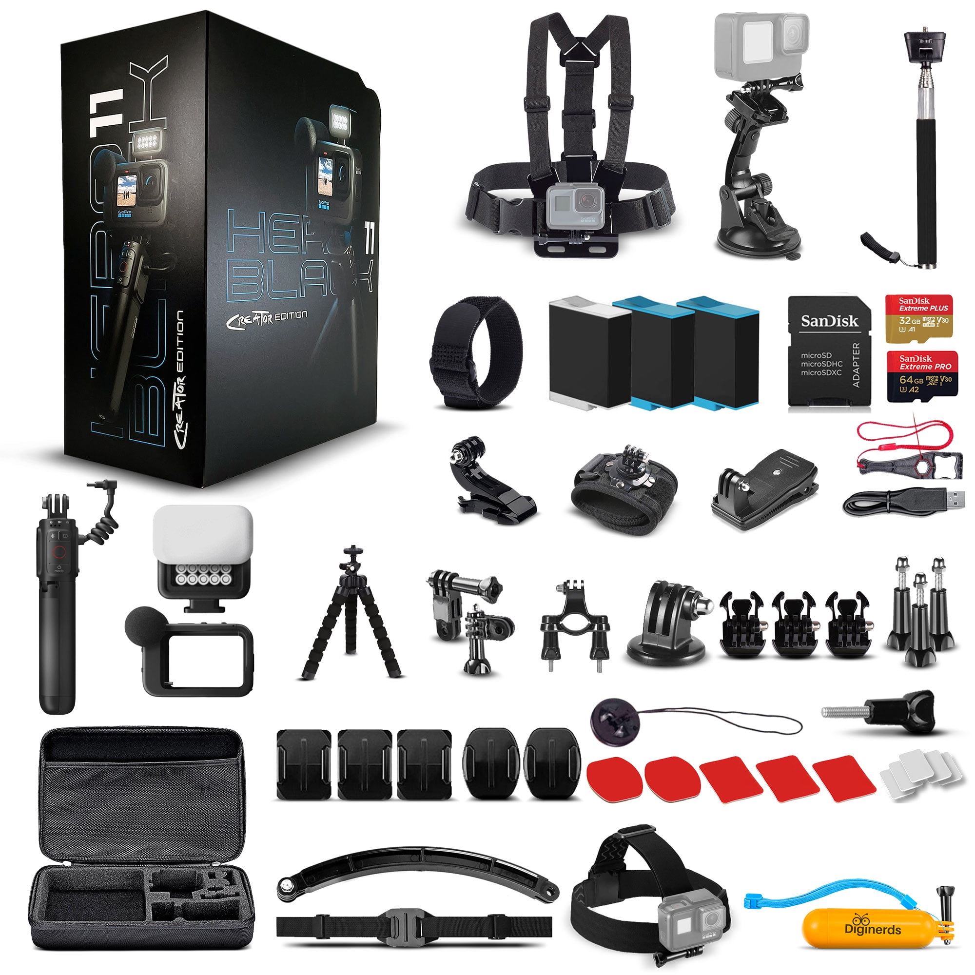 Kit (HERO 2 Media Remote), Includes Tripod, + GoPro Black Light Creator Mod, Camera - Edition 11) Grip, Batteries HERO11 Accessory Waterproof Action Card, and (Battery 50 Piece Extra Mod, - 64GB Volta